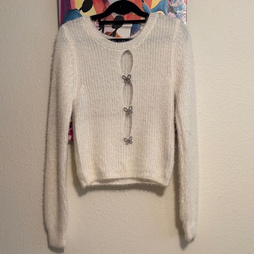Madden Girl White Fuzzy Sweater with Bow Accents, Size S / M